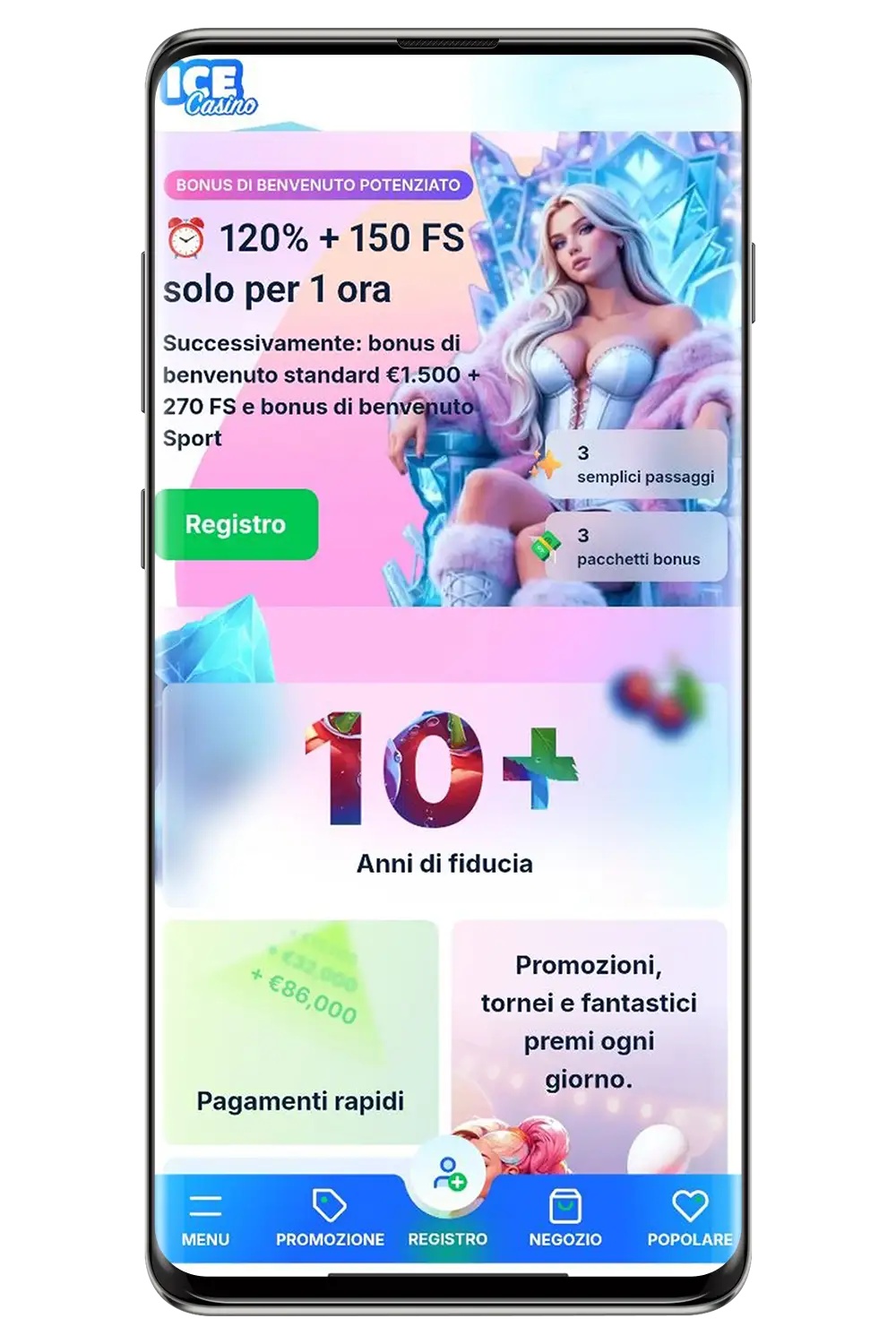 Screenshot del sito web ufficiale di Ice Casino su dispositivi mobili