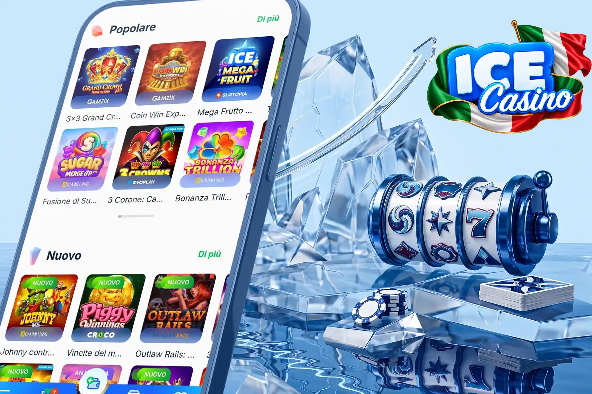 Ampia selezione di giochi e slot machine disponibili sull'app di Ice Casino, con rulli 3D, carte da gioco e fiches su un paesaggio ghiacciato